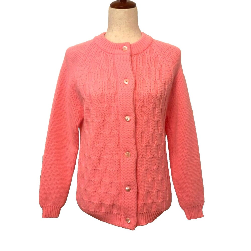 Vtg Sears Roebuck Women's M 38 Pink Chunky Cable Knit Cardigan Sweater JAPAN
